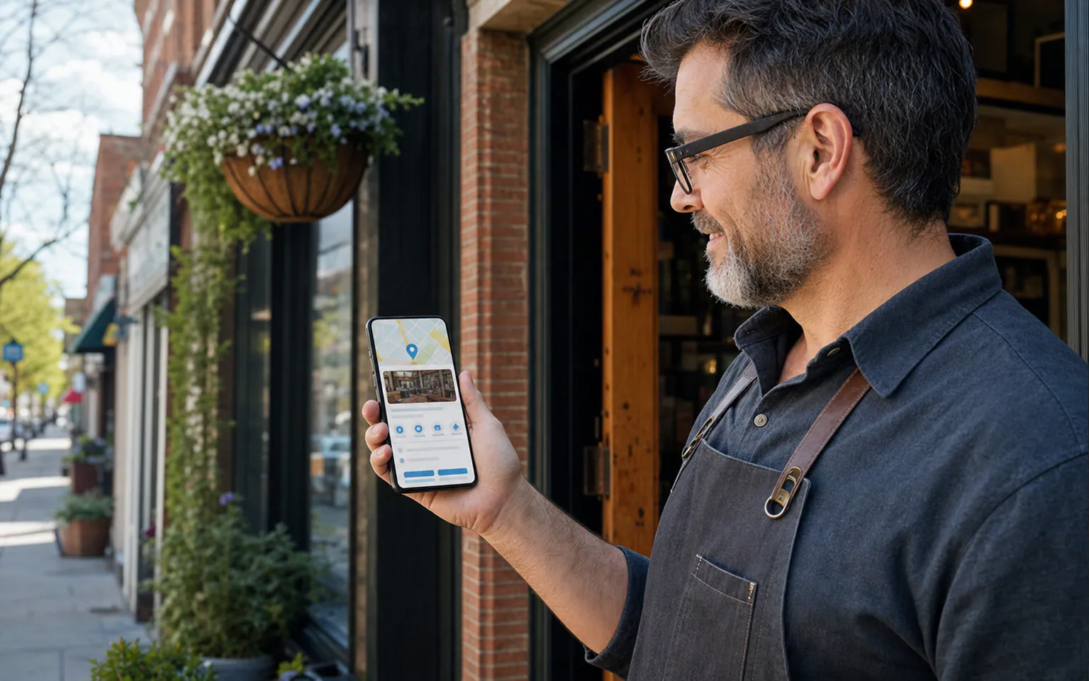 A storefront owner reviewing a local business map profile on a mobile phone