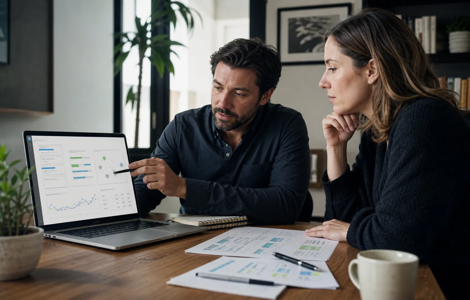 A business owner and paid-search specialist reviewing campaign structure and conversion paths