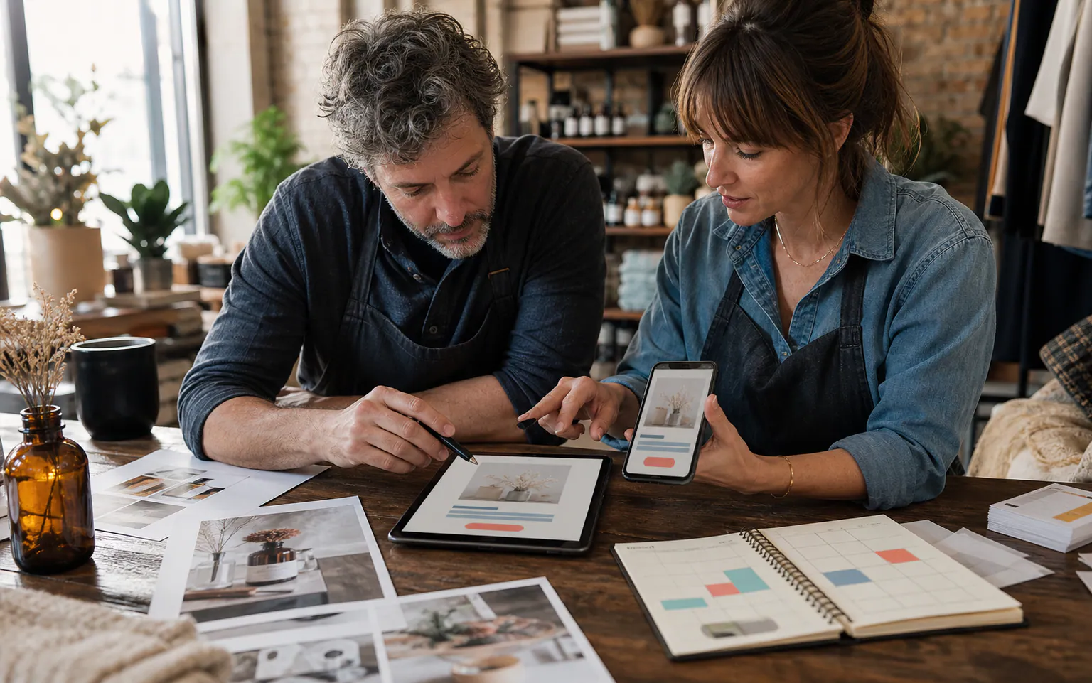A local business owner and marketing consultant planning social campaign creative